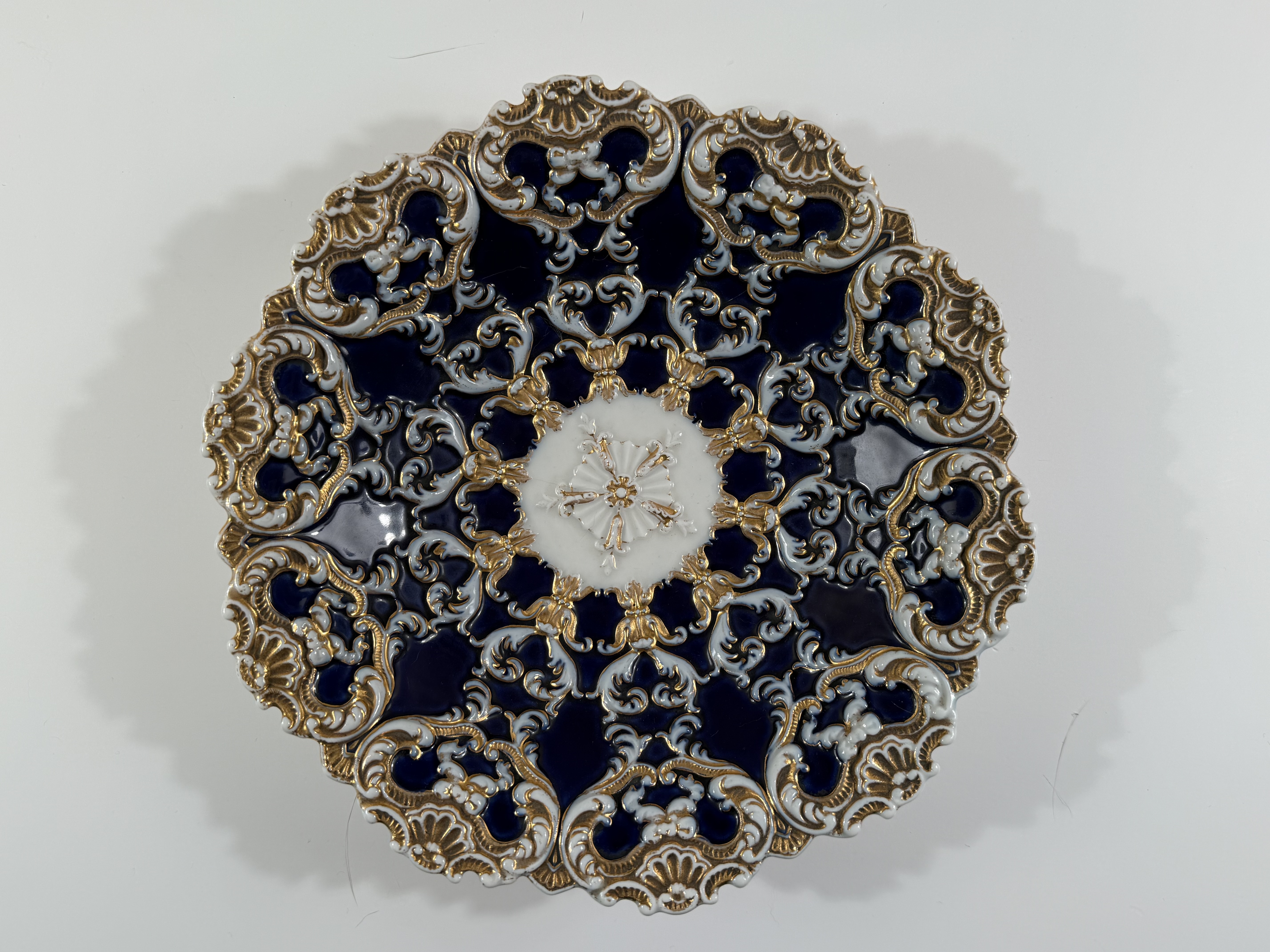 Meissen Porcelain — Cobalt Blue Moulded Rococo Relief Cabinet Plate, 1st Quality
